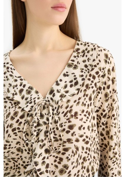 Regular Fit V Yaka Leopar Desenli Maroken Uzun Kollu Gömlek E9217AX25SP indirimleri