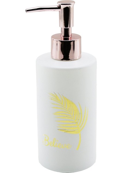 Cam Yuvarlak - Beyaz Şişe--Gold Yaprak Desen Sıvı Sabunluk 350 ml Bronz Plastik Pompa