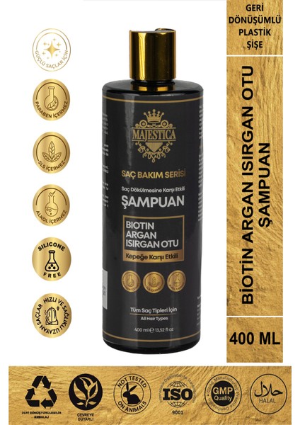 Majestic (Tuzsuz) Biotin, Argan, Isırgan Otlu Şampuan 400 Ml, Kepeğe Karşı Etkili