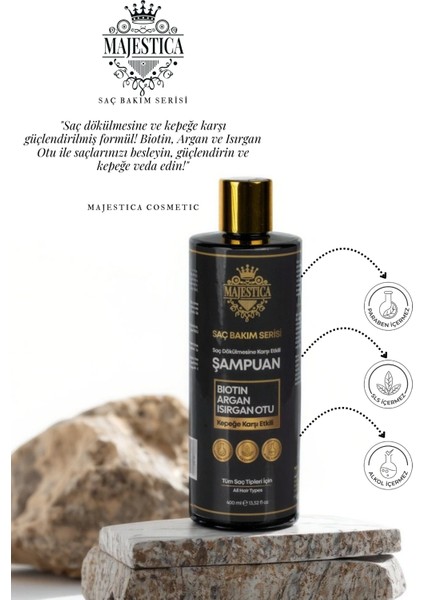 Majestic (Tuzsuz) Biotin, Argan, Isırgan Otlu Şampuan 400 Ml, Kepeğe Karşı Etkili
