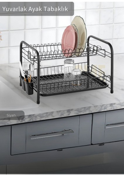 2 Katlı Bulaşıklık Tezgah Üstü Tabaklık Bpa Free Bulaşık Sepeti Yuvarlak ayak siyah