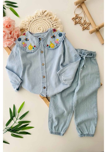 Yaka Nakış Detaylı Tencel, Kot Kız Çocuk 2 li takım - Açık Mavi