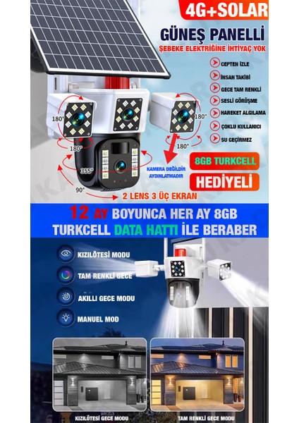 3030 - Güneş Panelli | Sım Kartlı | 8gb Data Hattı | 128GB Sd Kart | 6mp | 2 Lens 3 Ekran | 2 Yönlü Konuşma | Gece Renkli | Uzaktan Izleme