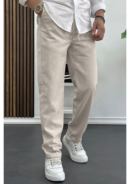 Erkek Rahat Kesim Keten Pantolon Bej EDW138
