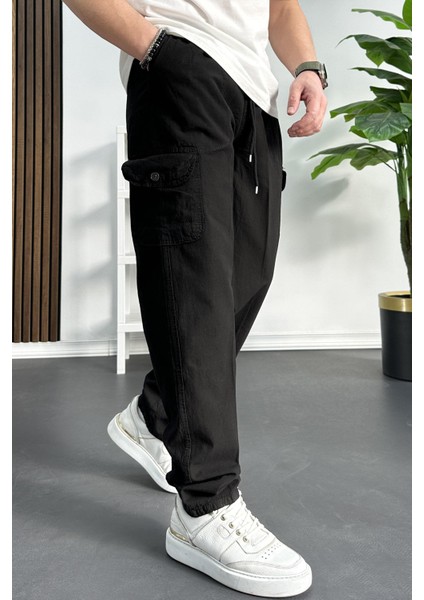 Erkek Baggy Kalıp Kargo Cepli Pantolon Siyah Edw131