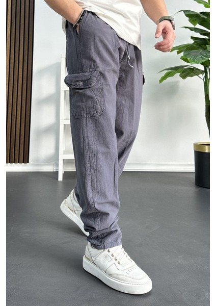 Erkek Baggy Kalıp Kargo Cepli Pantolon Füme EDW131