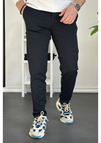 Erkek Beli Düğmeli Dar Paça Jogger Pantolon Lacivert EDW224