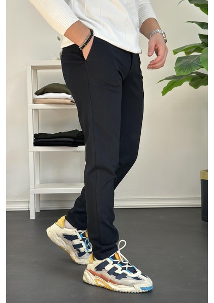 Erkek Beli Düğmeli Dar Paça Jogger Pantolon Lacivert EDW224