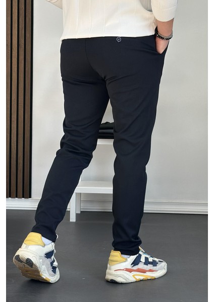 Erkek Beli Düğmeli Dar Paça Jogger Pantolon Lacivert EDW224