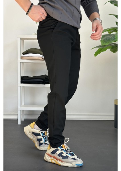 Erkek Beli Düğmeli Dar Paça Jogger Pantolon Siyah EDW224