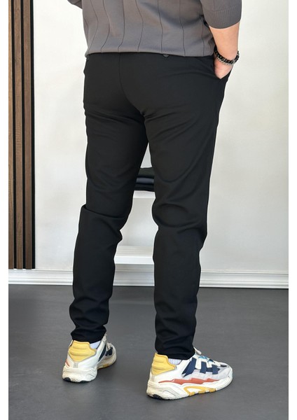 Erkek Beli Düğmeli Dar Paça Jogger Pantolon Siyah EDW224