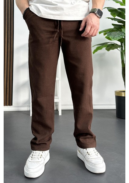 Erkek Rahat Kesim Keten Pantolon Kahverengi EDW138