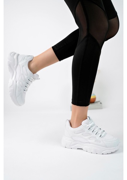 Günlük Kadın Spor Ayakkabı Bağcık Yüksek Kalın Taban Nefes Alan Oval Burun Rahat Hafif Sneaker 1001