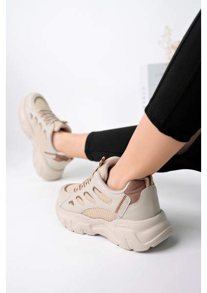 Günlük Kadın Spor Ayakkabı Bağcık Yüksek Kalın Taban Nefes Alan Oval Burun Rahat Hafif Sneaker 1001
