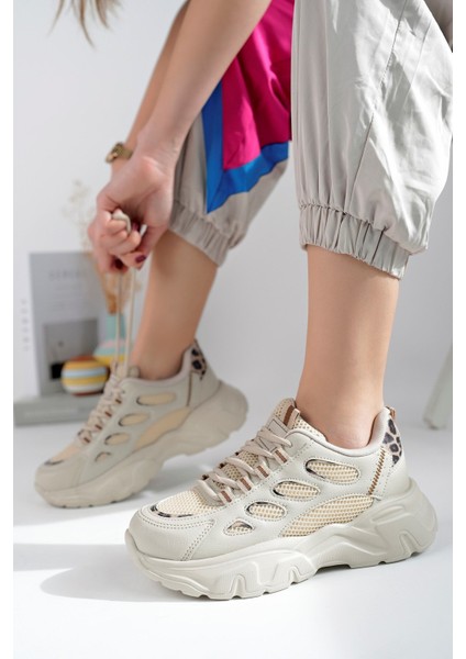 Günlük Kadın Spor Ayakkabı Bağcık Yüksek Kalın Taban Nefes Alan Oval Burun Rahat Hafif Sneaker 1001