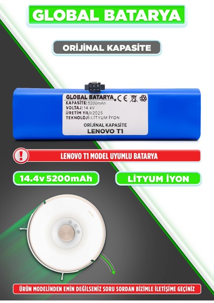 Lenovo T1 Uyumlu Akıllı Robot Süpürge Bataryası 14.4V 5200MAH Pil (Orijinal Kapasite)