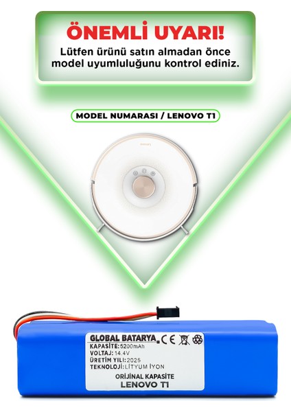 Lenovo T1 Uyumlu Akıllı Robot Süpürge Bataryası 14.4V 5200MAH Pil (Orijinal Kapasite)