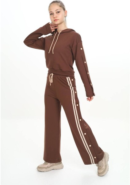 Kız Çocuk %100 Pamuk Kapüşonlu Uzun Kol Oversize Kahverengi Alt&üst Eşofman TAKIMI-AÜT-0024 fırsatları