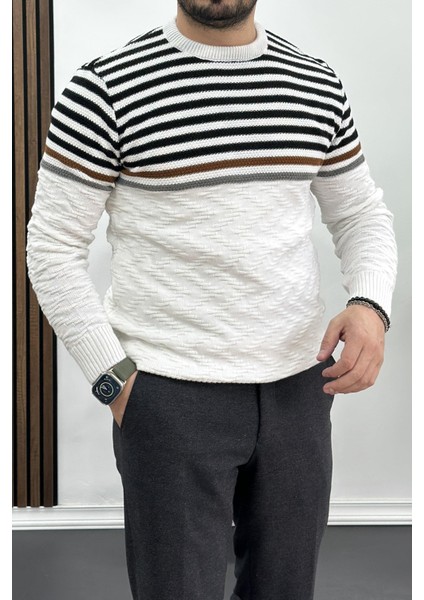 Erkek Çizgili Bisiklet Yaka Slim Fit Triko Kazak Beyaz Edw019 fiyatları