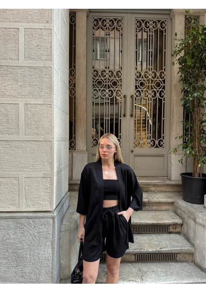 Kadın Baskı Düşük Omuz Şortlu Kimono Takım