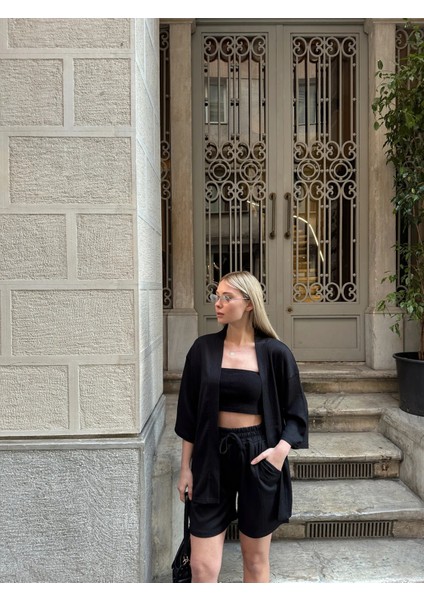 Kadın Baskı Düşük Omuz Şortlu Kimono Takım