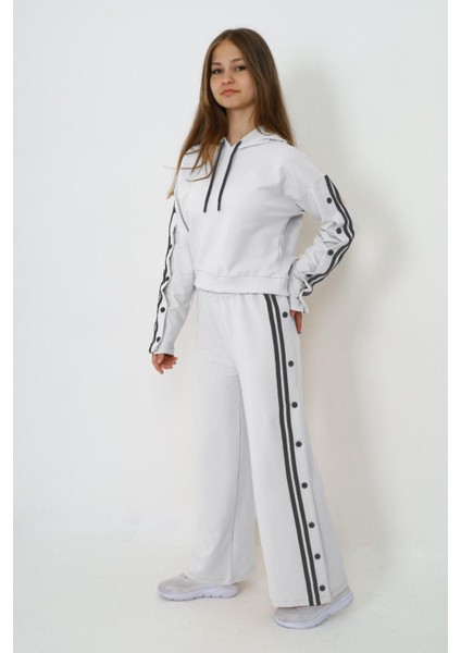 Kız Çocuk %100 Pamuk Kapüşonlu Uzun Kol Oversize Beyaz Alt&üst Eşofman TAKIMI-AÜT-0024 indirimleri