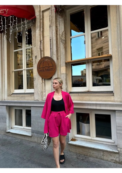 Kadın Baskı Düşük Omuz Şortlu Kimono Takım