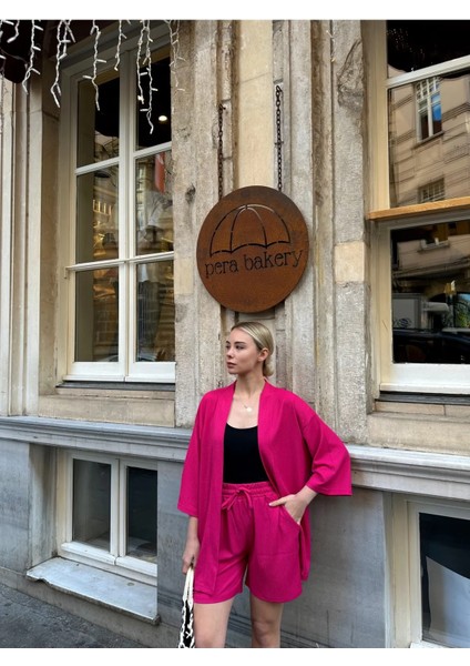 Kadın Baskı Düşük Omuz Şortlu Kimono Takım