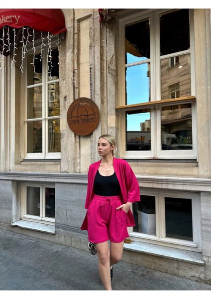 Kadın Baskı Düşük Omuz Şortlu Kimono Takım