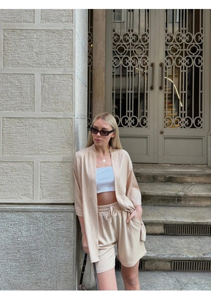 Kadın Baskı Düşük Omuz Şortlu Kimono Takım