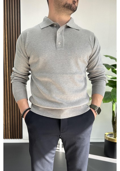 Erkek Düğmeli Polo Yaka Kazak Gri EDW231