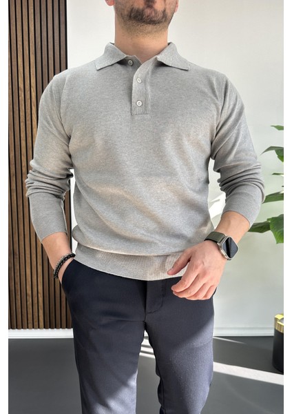 Erkek Düğmeli Polo Yaka Kazak Gri EDW231 fiyatları