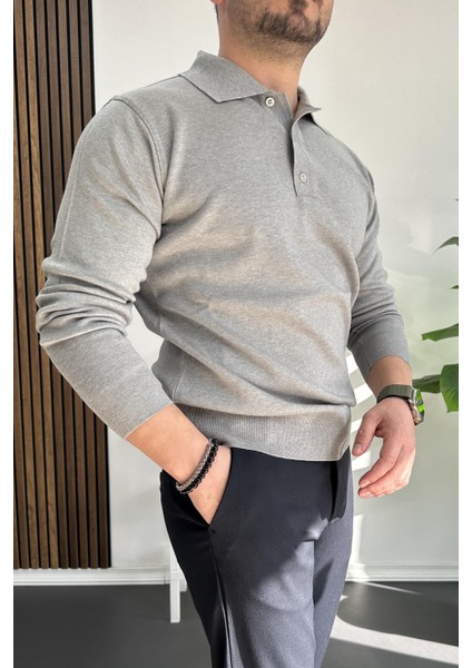 Erkek Düğmeli Polo Yaka Kazak Gri EDW231 modelleri