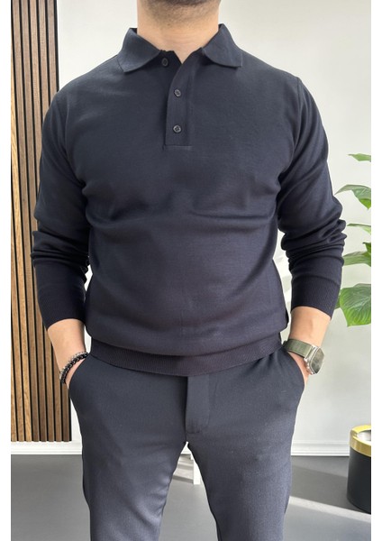 Erkek Düğmeli Polo Yaka Kazak Lacivert EDW231