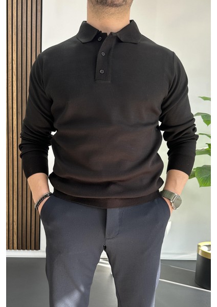 Erkek Düğmeli Polo Yaka Kazak Siyah EDW231
