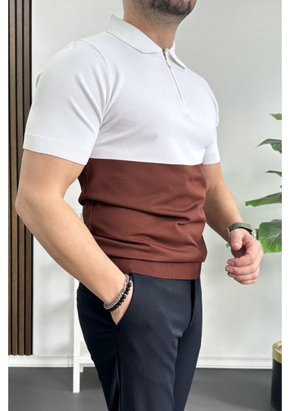 Erkek Renk Bloklu Polo Yaka Yarım Fermuarlı Tişört Kiremit EDW234