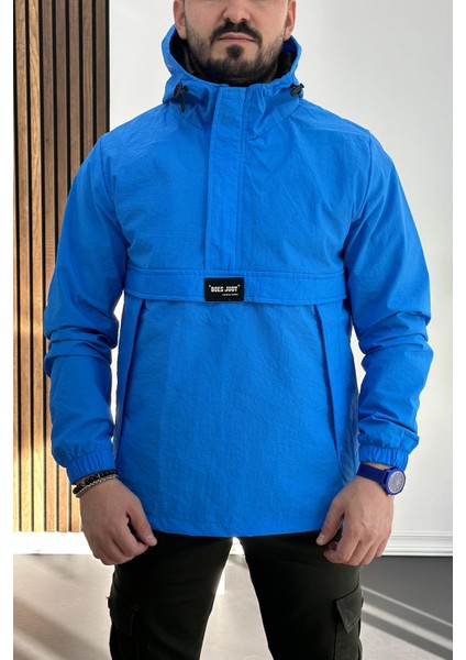 Erkek Slim Fit Krinkıl Kumaş Kanguru Cepli Yarım Fermuarlı Yağmurluk Mont Mavi EDW077 fiyatları