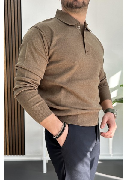 Erkek Düğmeli Polo Yaka Kazak Kahverengi EDW231 fiyatları
