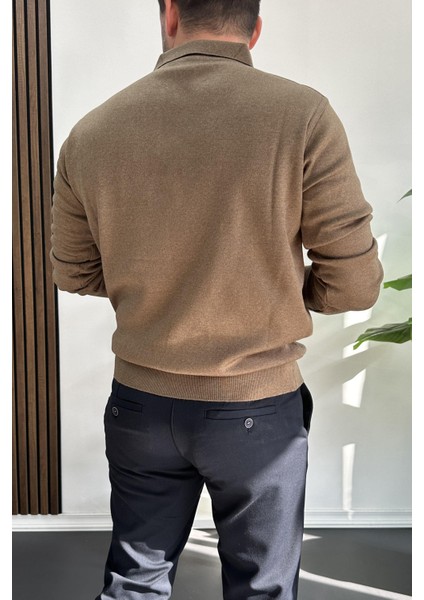 Erkek Düğmeli Polo Yaka Kazak Kahverengi EDW231 modelleri