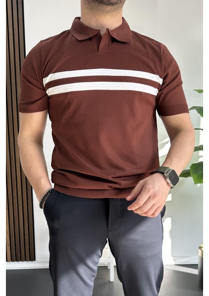Erkek Açık Yaka Çizgli Tişört Kiremit EDW236