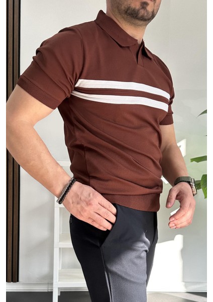 Erkek Açık Yaka Çizgli Tişört Kiremit EDW236