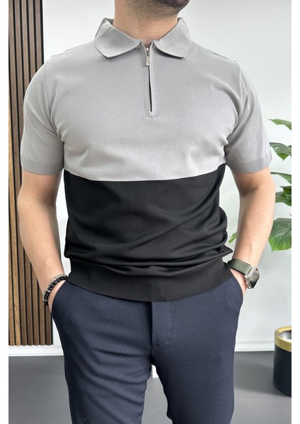 Erkek Renk Bloklu Polo Yaka Yarım Fermuarlı Tişört Siyah EDW234