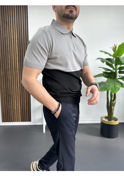 Erkek Renk Bloklu Polo Yaka Yarım Fermuarlı Tişört Siyah EDW234