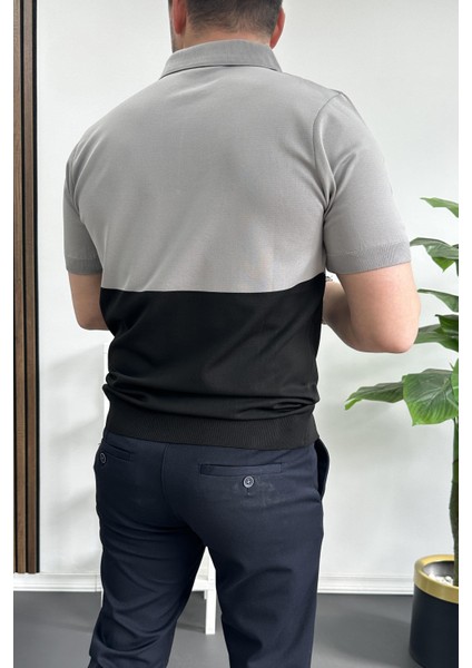 Erkek Renk Bloklu Polo Yaka Yarım Fermuarlı Tişört Siyah EDW234
