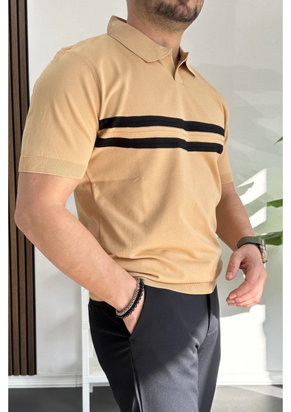 Erkek Açık Yaka Çizgli Tişört Sarı EDW236