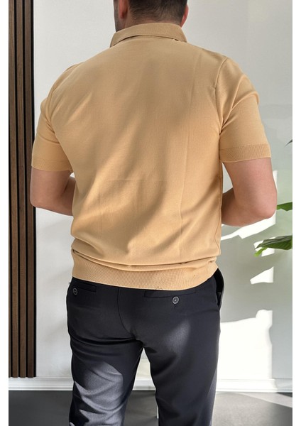 Erkek Açık Yaka Çizgli Tişört Sarı EDW236