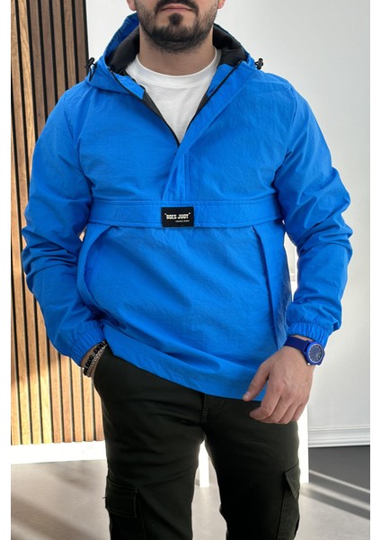 Erkek Slim Fit Krinkıl Kumaş Kanguru Cepli Yarım Fermuarlı Yağmurluk Mont Mavi EDW077