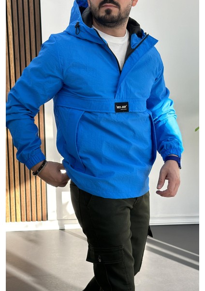 Erkek Slim Fit Krinkıl Kumaş Kanguru Cepli Yarım Fermuarlı Yağmurluk Mont Mavi EDW077