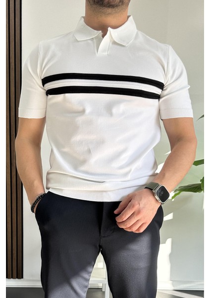 Erkek Açık Yaka Çizgli Tişört Beyaz EDW236