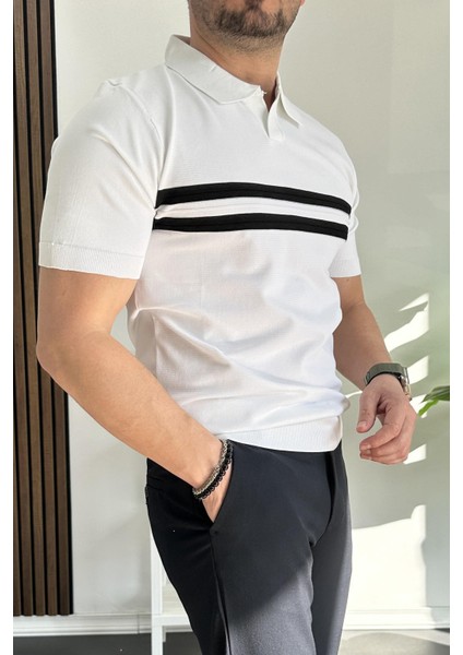Erkek Açık Yaka Çizgli Tişört Beyaz EDW236 fiyatları